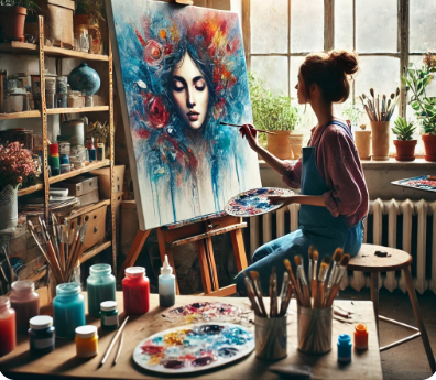 An artist painting a colourful portrait on an easel in a sunlit studio full of paints and brushes